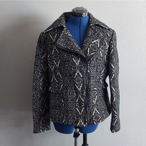 Jessica Simpson Jacket Brocade Biker Black Beige Print Zip Pockets Lined Size L